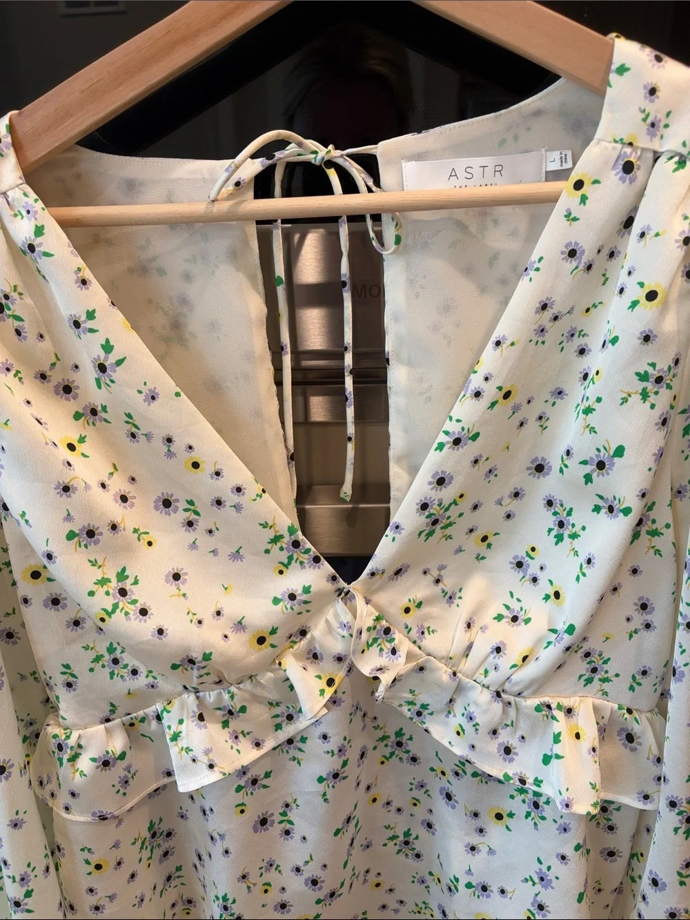 ASTR the label: Floral Long Sleeve, Open Back Top - Cream, Periwinkle Ditsy